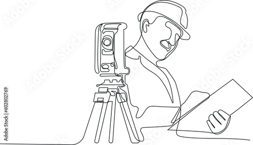 Close up of Caucasian worker with helmet on head using tablet for work while standing in warehouse. Surveyor with a tripod icon. Geodesic tripod. Vector illustration