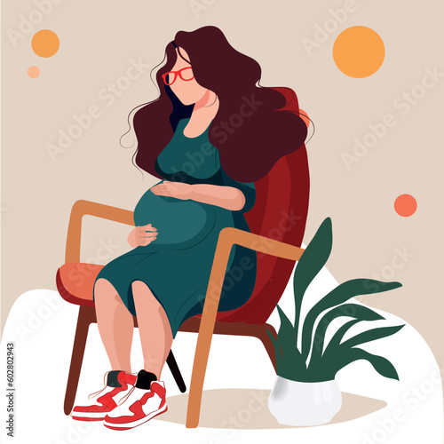 Pregnant woman, concept vector illustration in cute cartoon style, health, care, pregnancy. Vector illustration