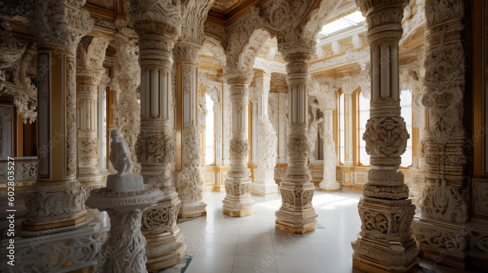 Luxury interior of the royal palace with beautiful golden ornaments. Generative ai illustration Luxury interior of the royal palace with beautiful golden ornaments. Generative ai illustration