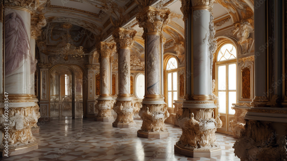 Obraz premium Luxury interior of the royal palace with beautiful golden ornaments. Generative ai illustration