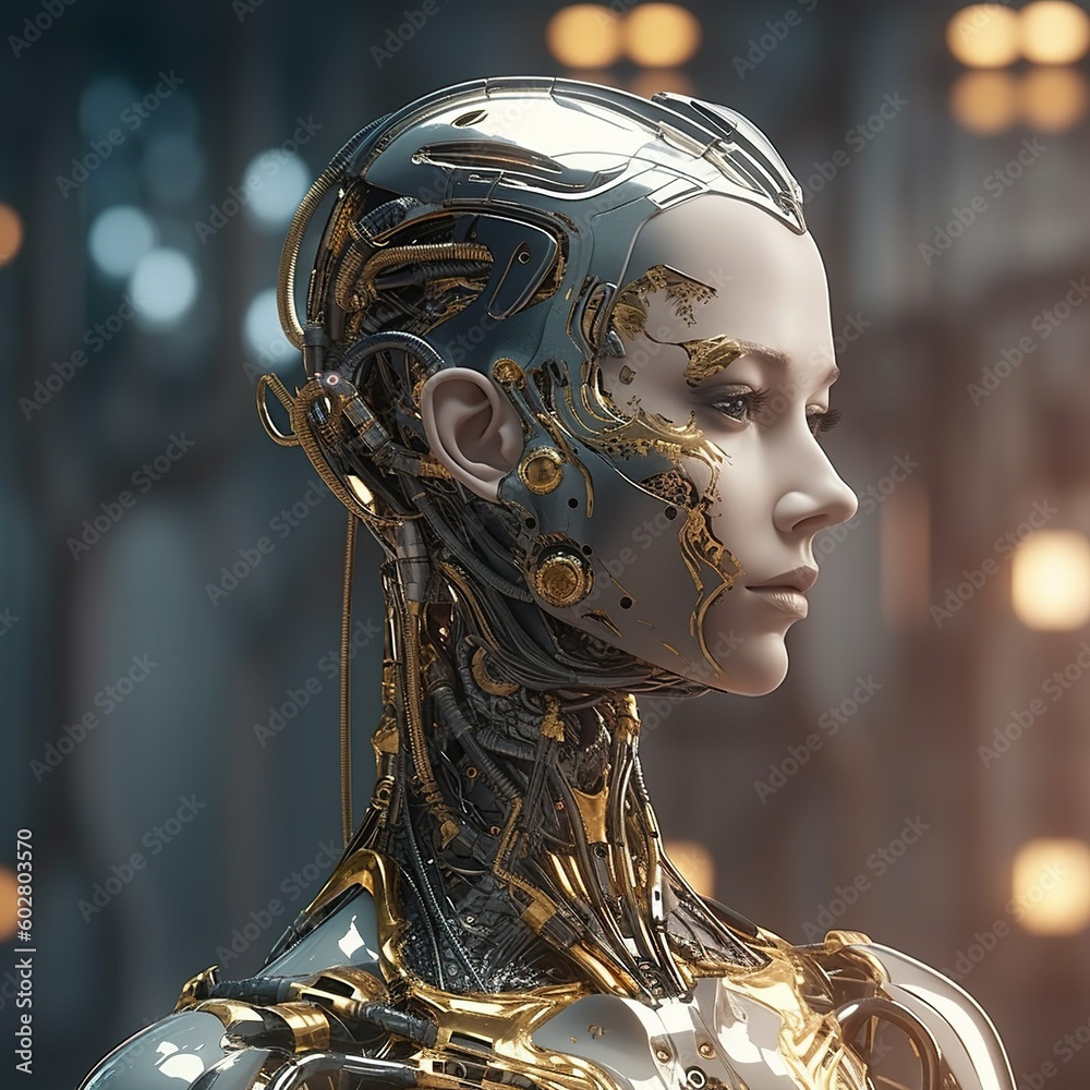 robot with female features and almost human face, visible mechanical parts, opaque armor and gold parts, gold mechanical parts, blurred background robot with female features and almost human face, visible mechanical parts, opaque armor and gold parts, gold mechanical parts, blurred background