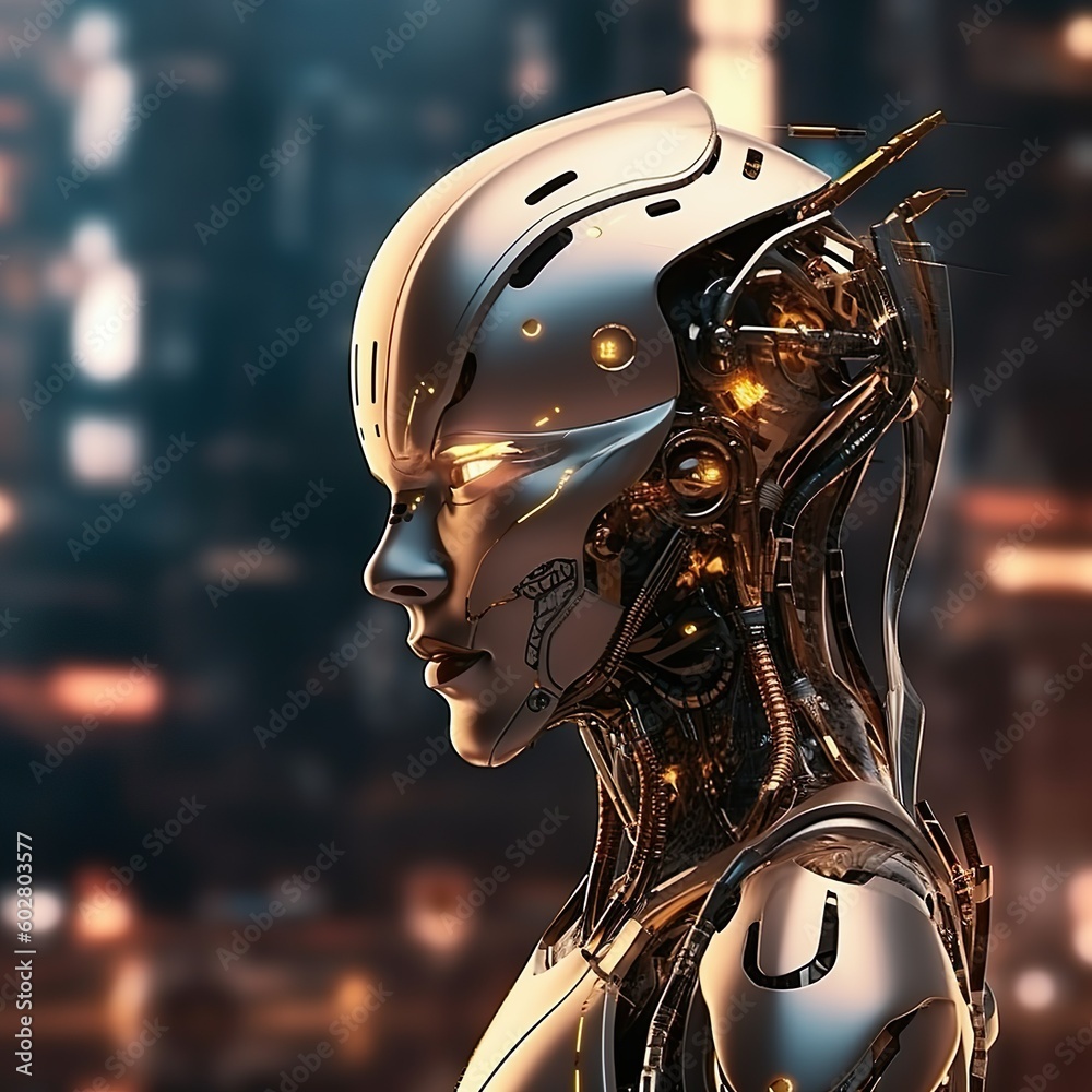 robot with female features, visible mechanical parts, opaque armor with gold neon lights