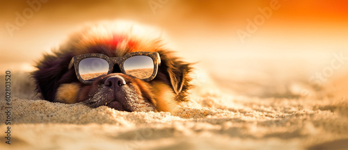 cute dog wearing specular sunglasses, having relax and enjoying on the beach ocean on summer vacation holidays © Viks_jin