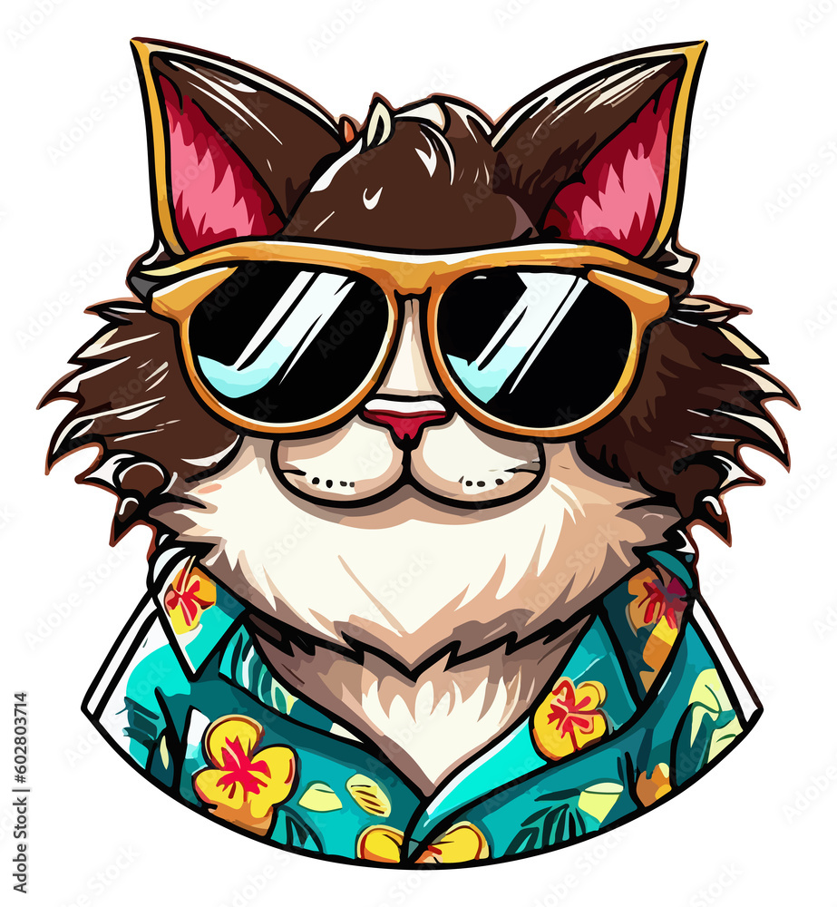 cat wearing sunglasses and Hawaiian shirt
