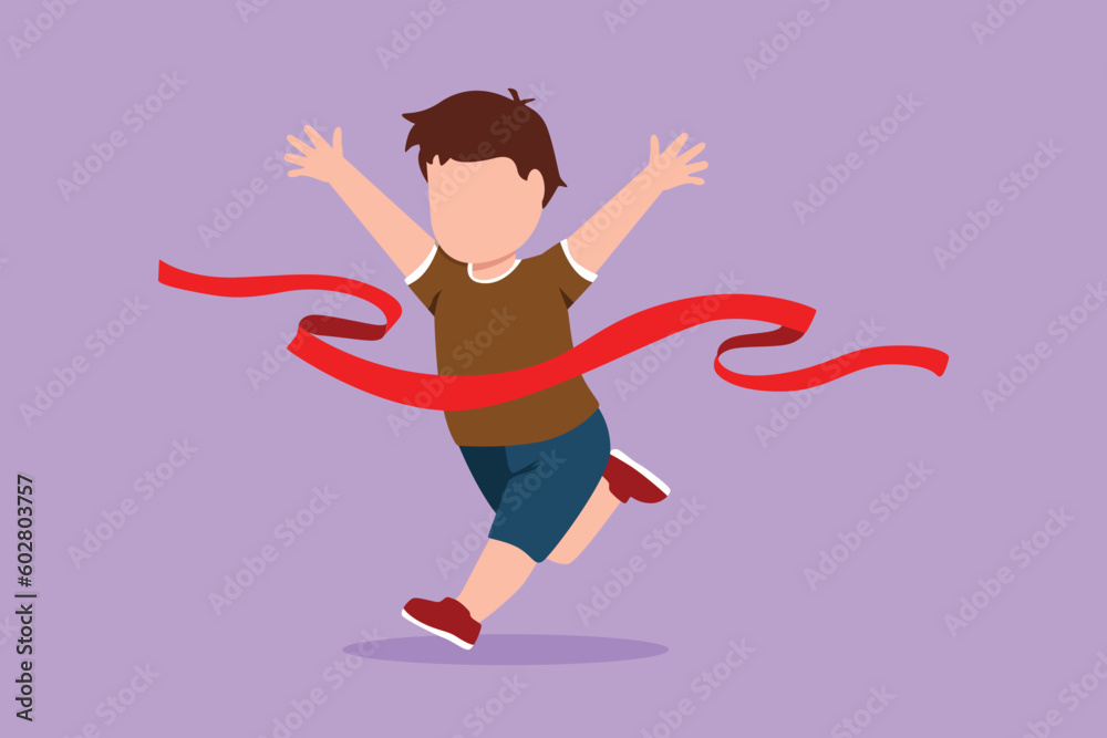 Character flat drawing adorable little boy run in race and win first place. Happy little kid running to finish line first, children physical activity at playground. Cartoon design vector illustration