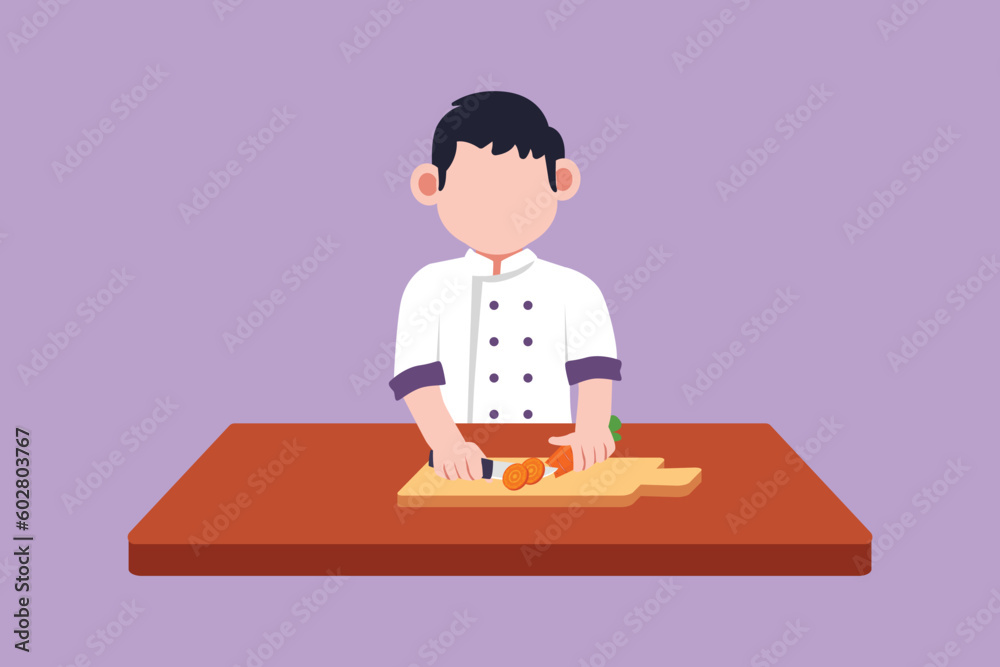 Graphic flat design drawing cheerful little boy cutting carrot and other fresh vegetables. Children is enjoying cooking at home to help mother. Happy kids at kitchen. Cartoon style vector illustration