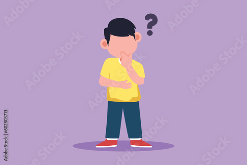Cartoon flat style drawing adorable little boy thinking. Cheerful kids think creative idea. Bubble with question mark sign. Concept of learning and growing children. Graphic design vector illustration