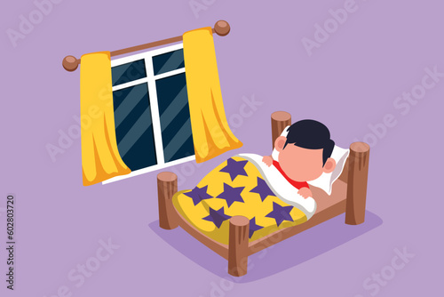 Cartoon flat style drawing cute little boy sleeping on tonight dreams, good night and sweet dreams. Happy little child sleep in bed room. Kids sleeping at cozy room. Graphic design vector illustration