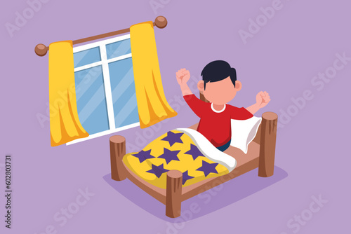 Graphic flat design drawing of adorable little boy wake up and still yawning, still lying in bed under blanket. Sleepy child on bed in late weekend. Morning activity. Cartoon style vector illustration