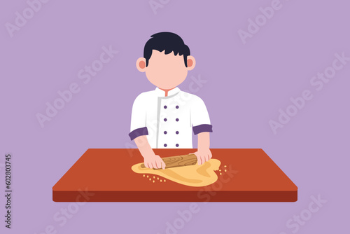 Character flat drawing adorable little boy stretching dough with rolling pin. Happy kids making homemade pizza at kitchen. Children doing housework chores at home. Cartoon design vector illustration