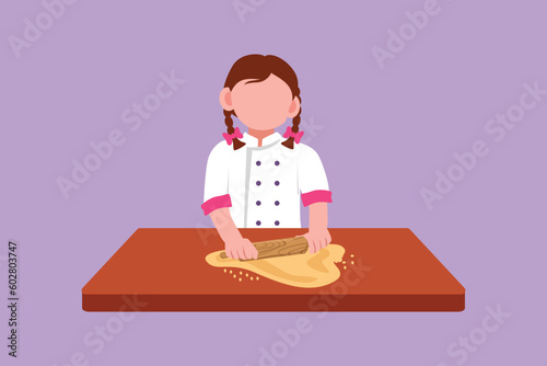Graphic flat design drawing of pretty little girl stretching dough with rolling pin. Kids making homemade bakery at kitchen. Children doing housework chores at home. Cartoon style vector illustration
