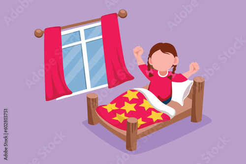 Character flat drawing pretty little girl wake up and still yawning, still lying in bed under blanket. Sleepy child on bed in late weekend morning. Morning activity. Cartoon design vector illustration