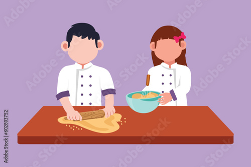 Cartoon flat style drawing adorable siblings boy and girl baking together with rolling pin at kitchen counter. Happy kid making homemade bakery at home. Fun cooking. Graphic design vector illustration