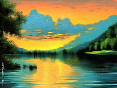 Beautiful nature landscape painting on paper canvas. Generative AI