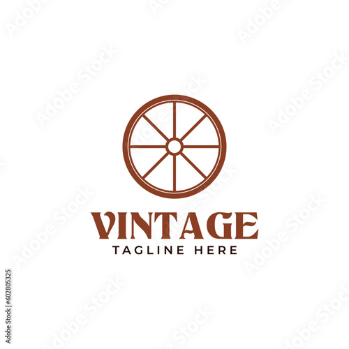 Creative vintage wooden wagon cart wheel logo design illustration idea