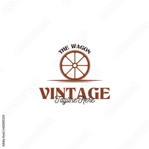 Creative vintage wooden wagon cart wheel logo design illustration idea