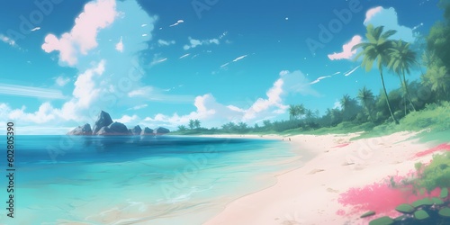 background illustration beach paradise  tropical  white sand  turquoise water  blue sky