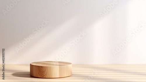Wooden podium on beige background for product presentation. Front view. Copy space. Generative AI.
