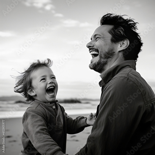 A portrait of a father and son together on a beach