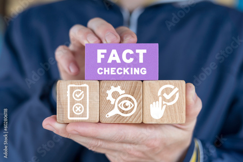 Fact check. Concept of thorough fact-checking or easy compare evidence. Facts checking. Communication via internet, journalist investigation, Investigative blogging. Investigative watchdog journalism. photo