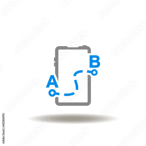 Vector illustration of smartphone and road way on map. Icon of gps navigation and tracking. Symbol of route planning in the smartphone application.