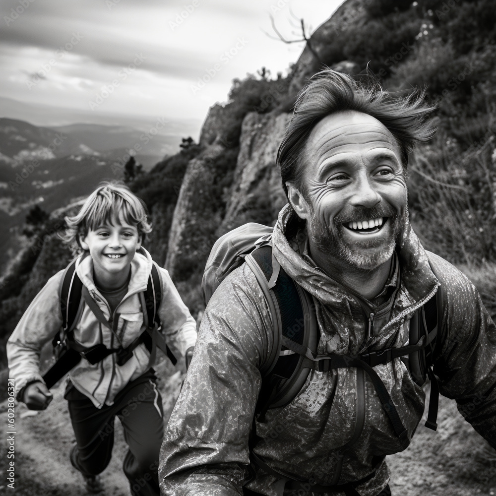 A portrait of a father and son hiking on a mountain
