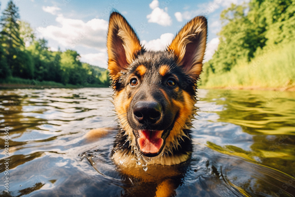 Dog swimming in the water - created with Generative AI technology Dog swimming in the water - created with Generative AI technology