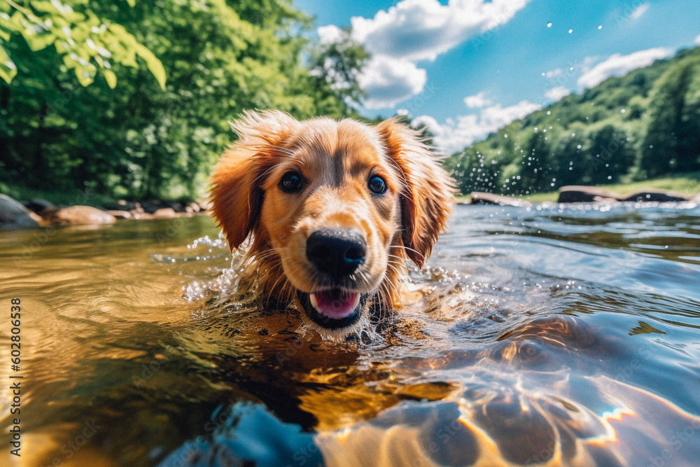 Dog swimming in the water - created with Generative AI technology