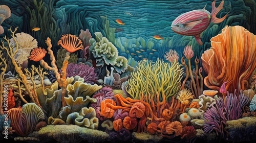 Knit background of underwater coral reef bursting with life including fish and coralMade with the highest quality generative AI tools 