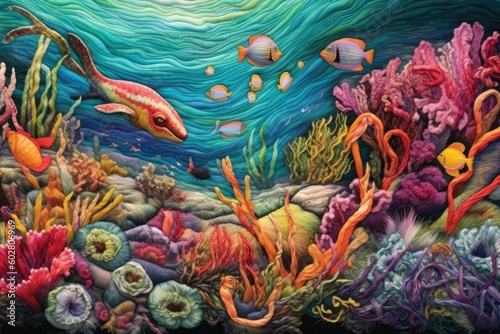 Knit background of underwater coral reef bursting with life including fish and coralMade with the highest quality generative AI tools 