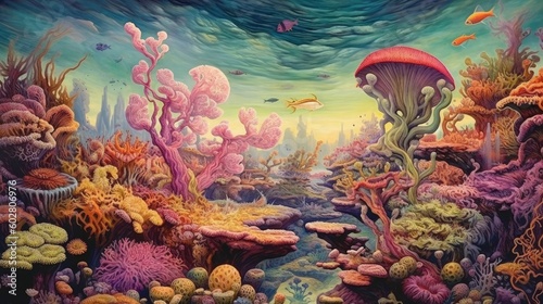 Fototapeta Naklejka Na Ścianę i Meble -  Knit background of underwater coral reef bursting with life including fish and coral

Made with the highest quality generative AI tools 