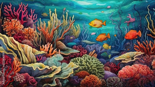 Fototapeta Naklejka Na Ścianę i Meble -  Knit background of underwater coral reef bursting with life including fish and coral

Made with the highest quality generative AI tools 