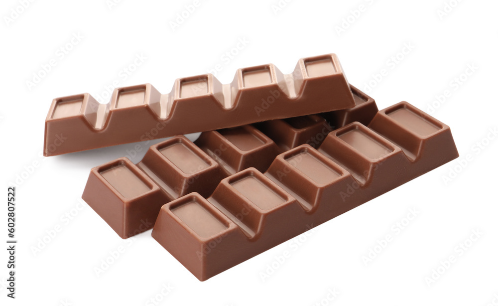 Delicious sweet chocolate bars on white background