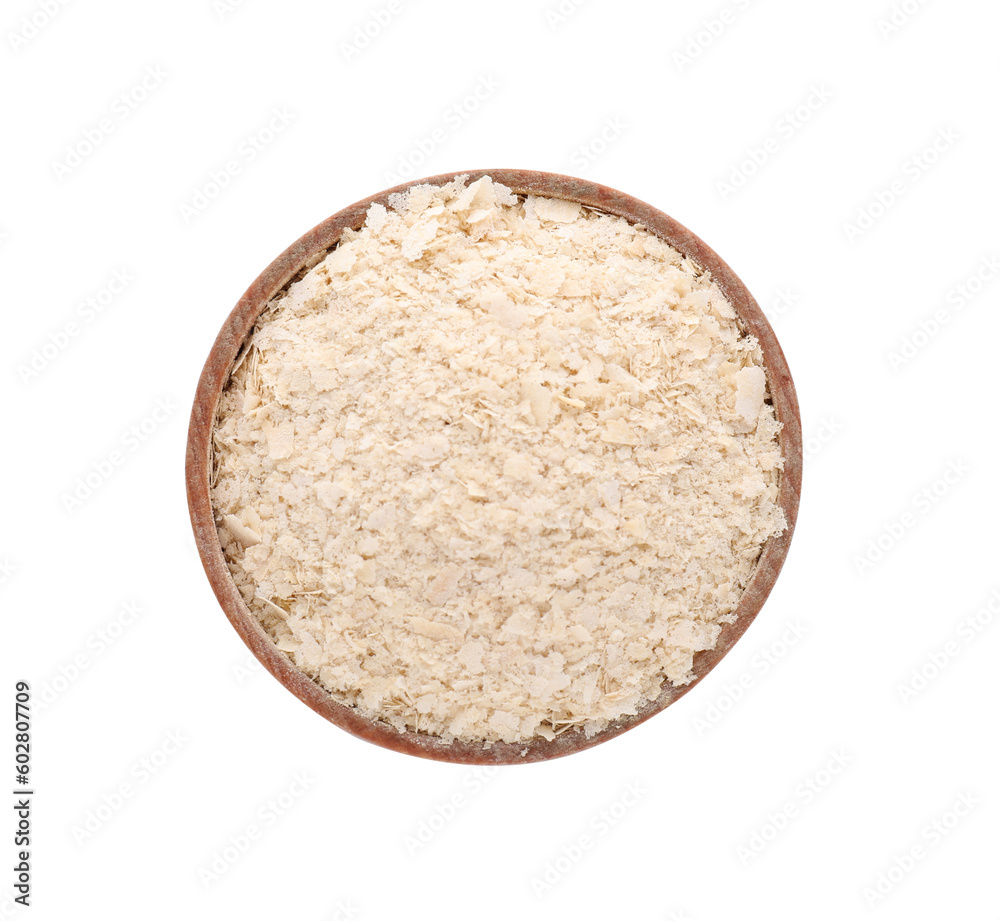 Brewer's yeast flakes in bowl isolated on white, top view Brewer's yeast flakes in bowl isolated on white, top view