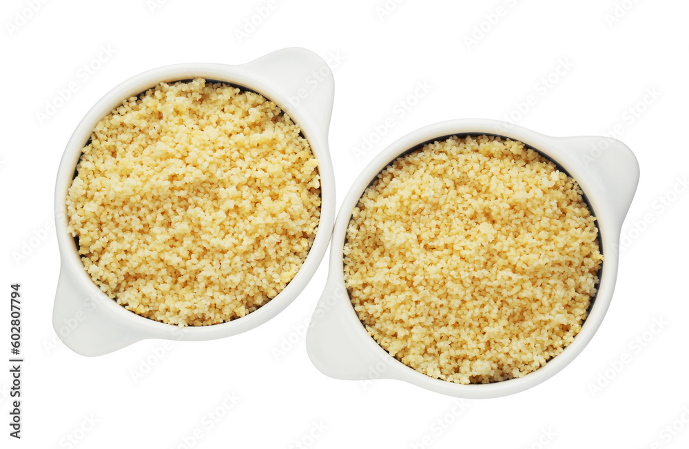 Bowls with tasty couscous on white background, top view Bowls with tasty couscous on white background, top view