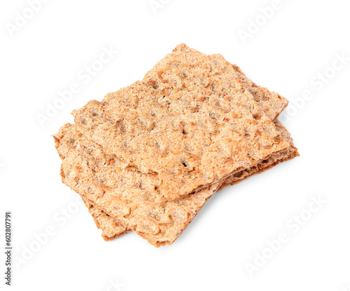 Many fresh crunchy crispbreads on white background. Healthy snack photo