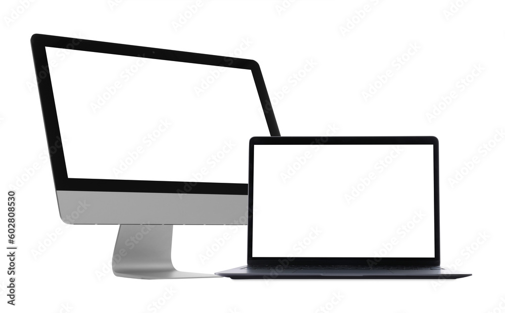 Computer monitor and laptop with blank screens on white background. Mockup for design Computer monitor and laptop with blank screens on white background. Mockup for design