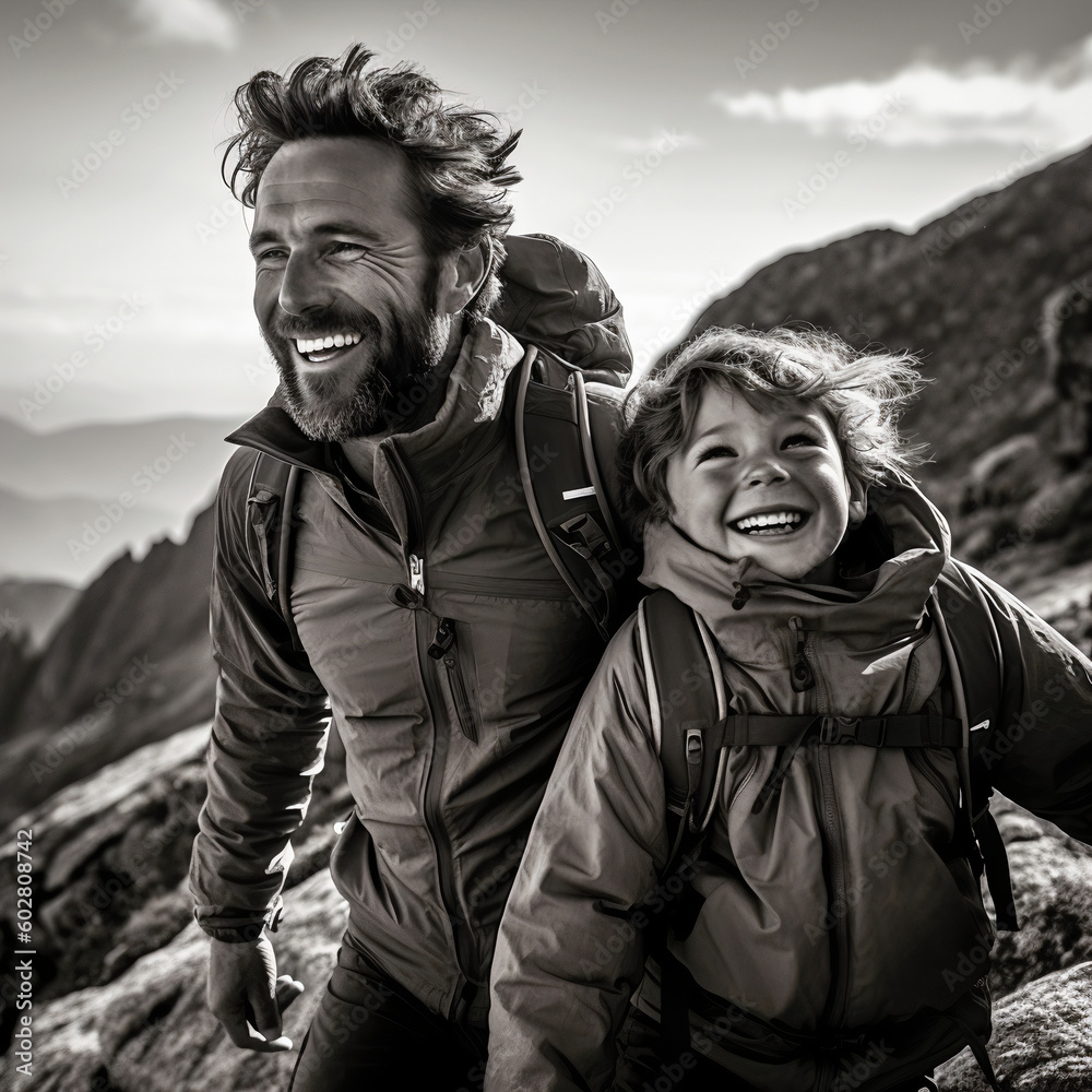 A portrait of a father and son hiking on a mountain A portrait of a father and son hiking on a mountain