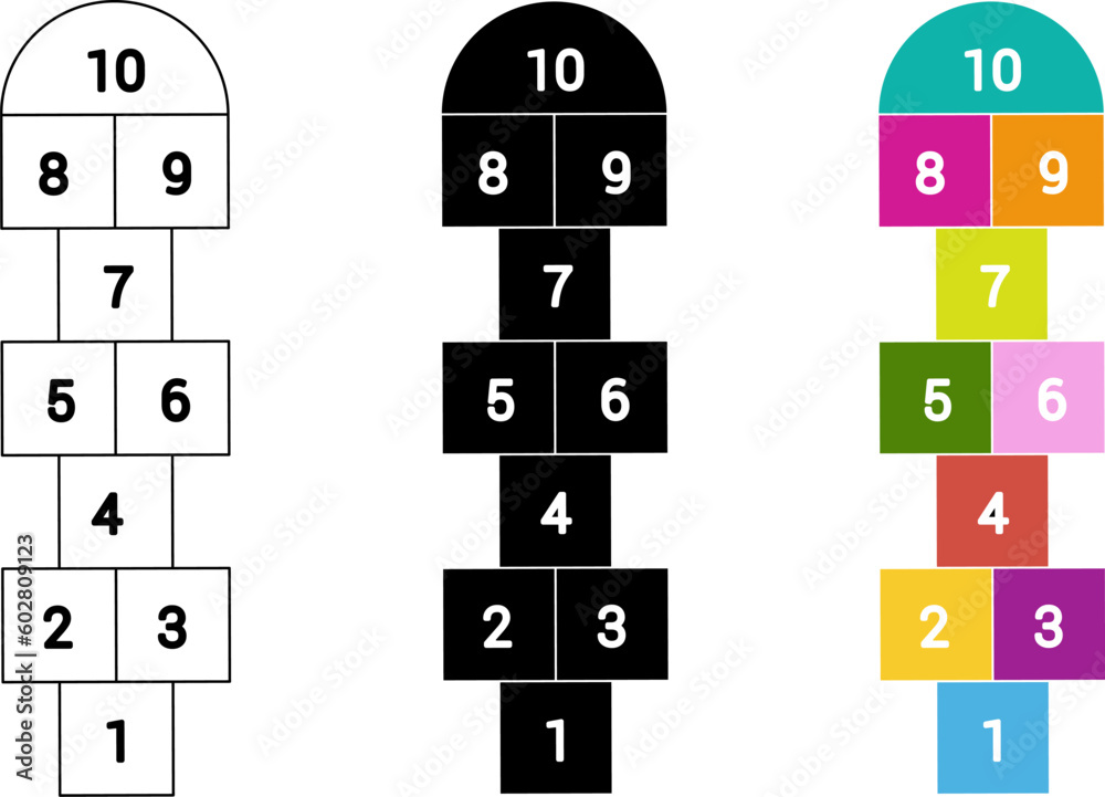 outline silhouette hopscotch icon set isolated on white background