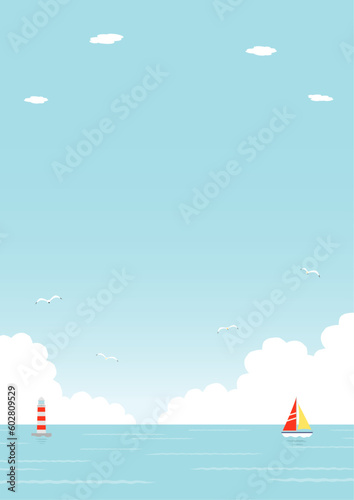 飛ぶカモメやヨットが浮かぶ海の背景イラスト_5_縦
