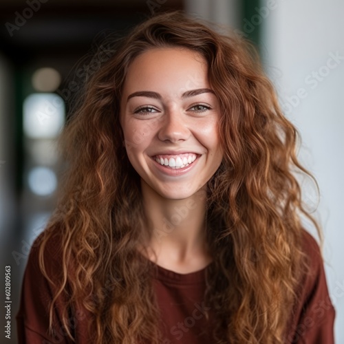 Smiling woman looking at the camera. Zoom. Profile photo. Generative AI