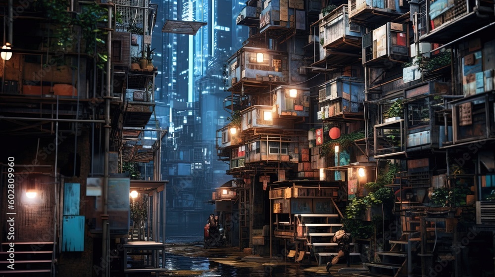 Futuristic cityscape dystopian apartments illustration using generative AI 
