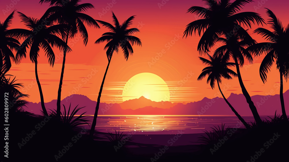 tropical sunset with palm trees. Image Generative AI.
