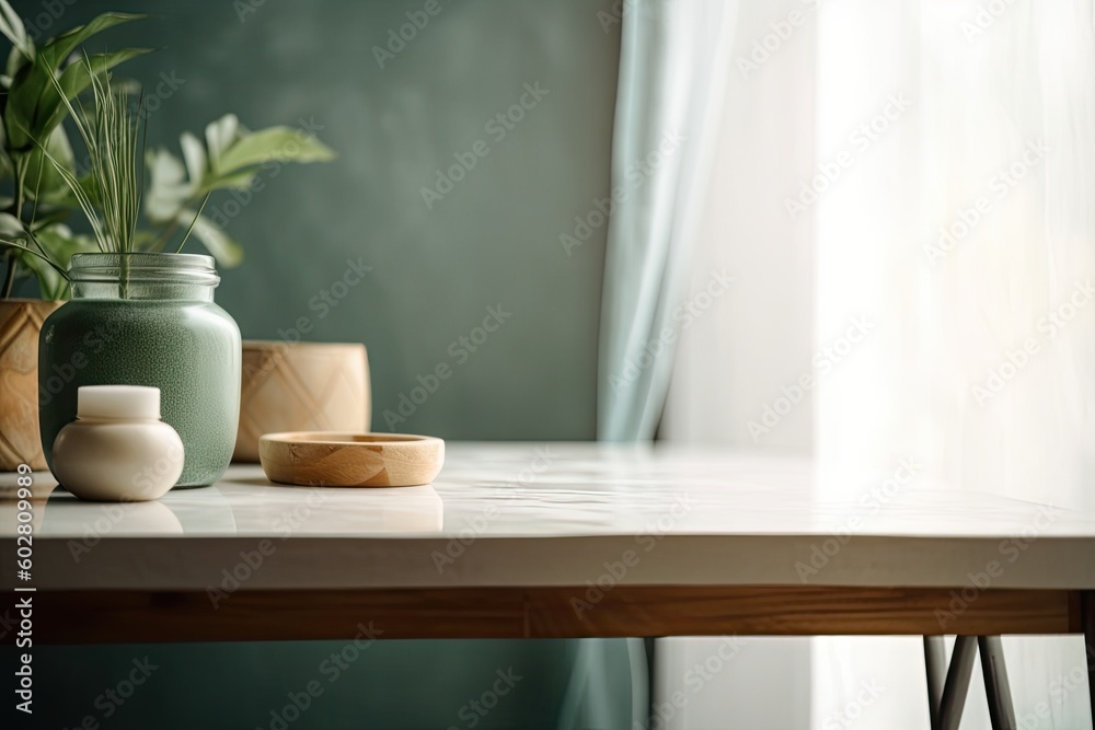 Fototapeta premium Tabletop for product display is empty, and the background is a fuzzy bathroom. Generative AI