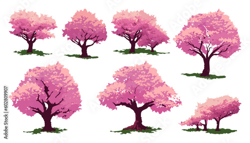 Cherry Trees vector element, Isolated Different trees with lush of flower and leaves illustration.