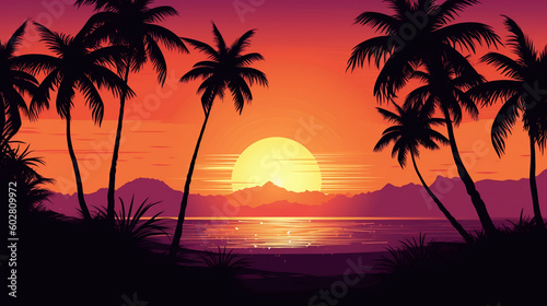 tropical sunset with palm trees. Image Generative AI. 
