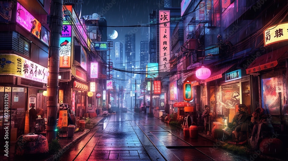 Wide angle Futuristic night street downtown illustration using generative AI 
