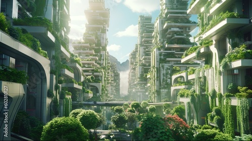 Futuristic sustainable and zero carbon cityscape utopia illustration using generative AI 