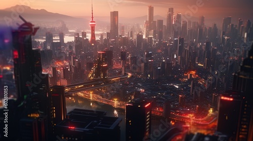 Futuristic dystopian city skyline view at dusk using generative AI 