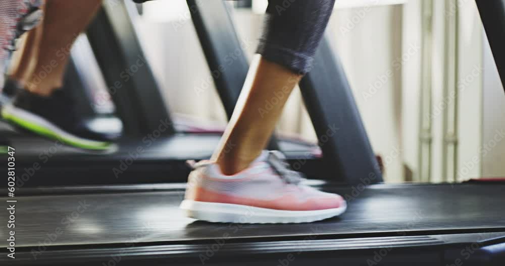 Wellness, health or legs running on treadmill in gym studio for cardio exercise, sport training or workout. Zoom, energy or people on machine for sports fitness, marathon or motivation for event